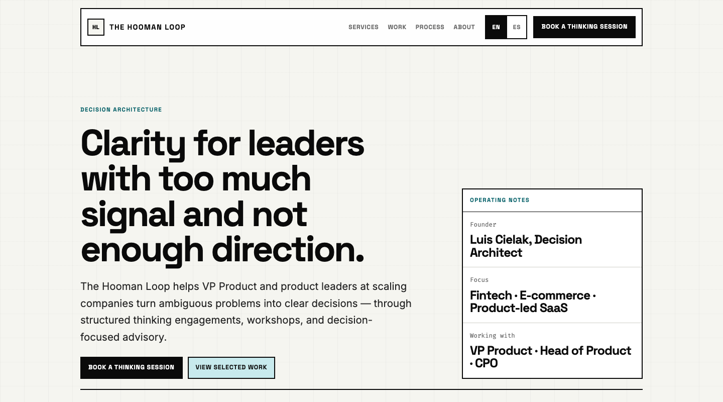 After: both the header and the hero button read 'Book a Thinking Session'.