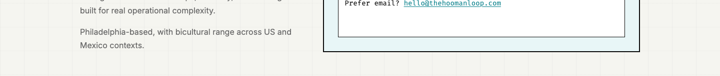 Before: the page simply ends after the contact panel, with no footer region.