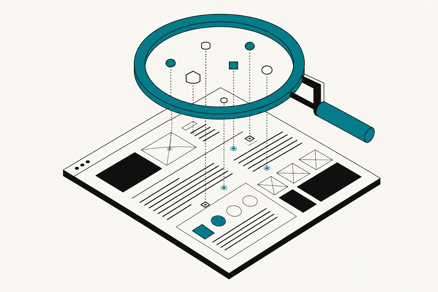 Illustration: an interface viewed through a structured lens, with friction points surfacing as marked geometric shapes.