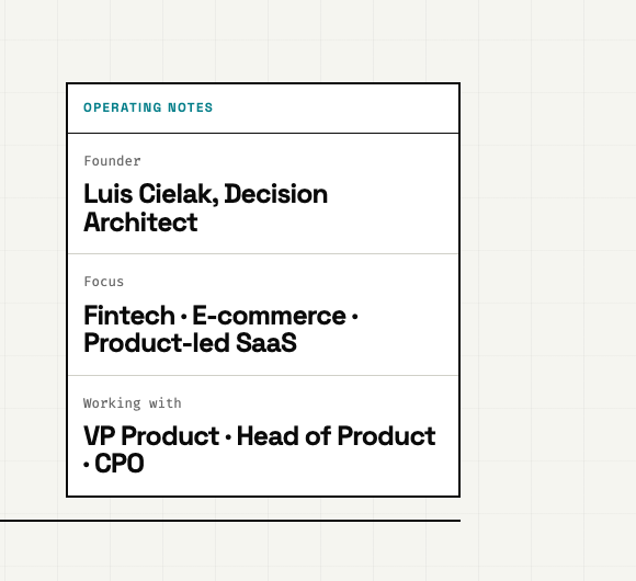 The hero 'Operating Notes' panel with teal section labels on a cream background.