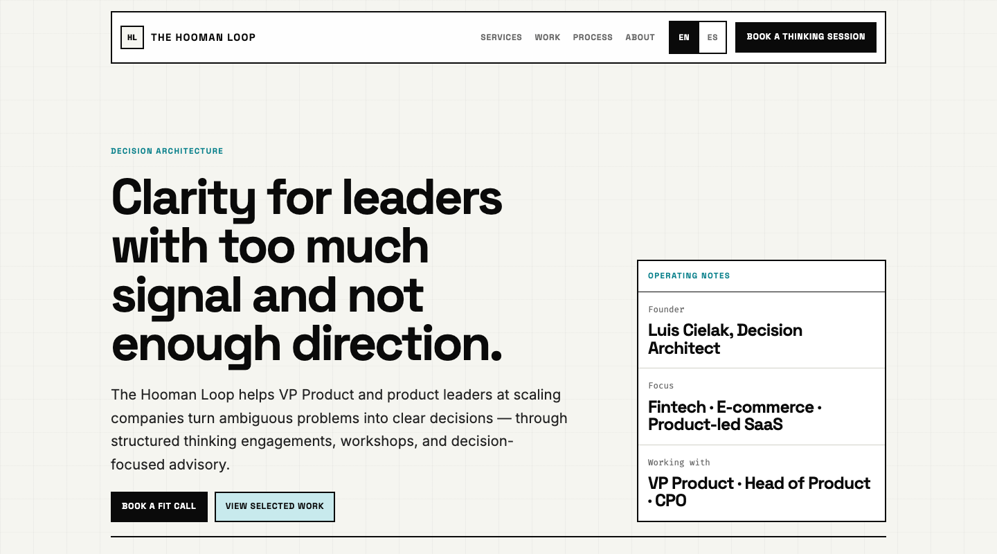 Before: the header reads 'Book a Thinking Session' but the hero button reads 'Book a fit call'.