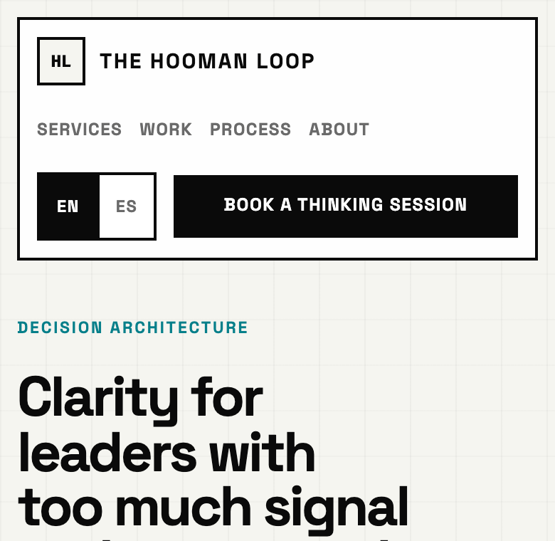 The homepage top on mobile: a bordered header block with logo, nav, and a booking button, above the hero heading.