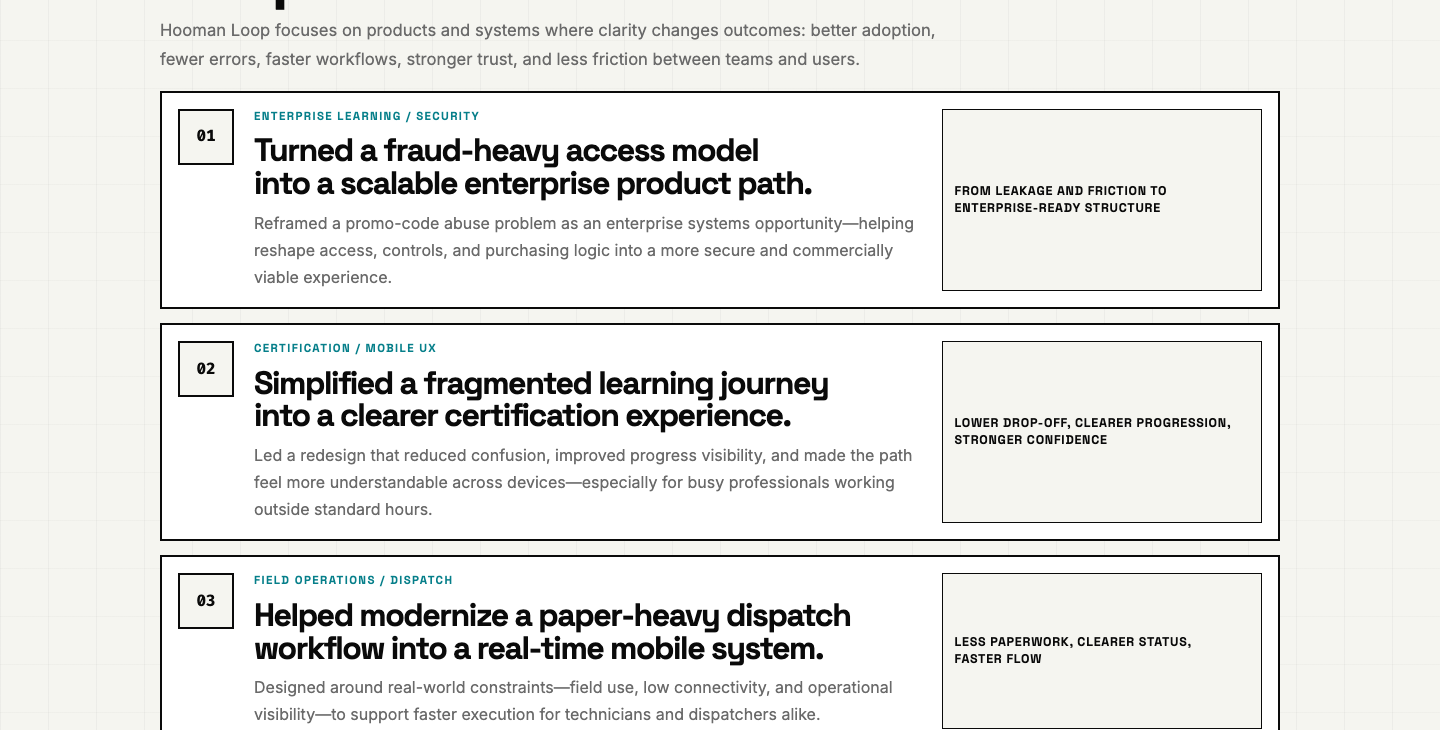 Three 'selected proof' rows, each text-only with an empty outcome box and no product visuals.