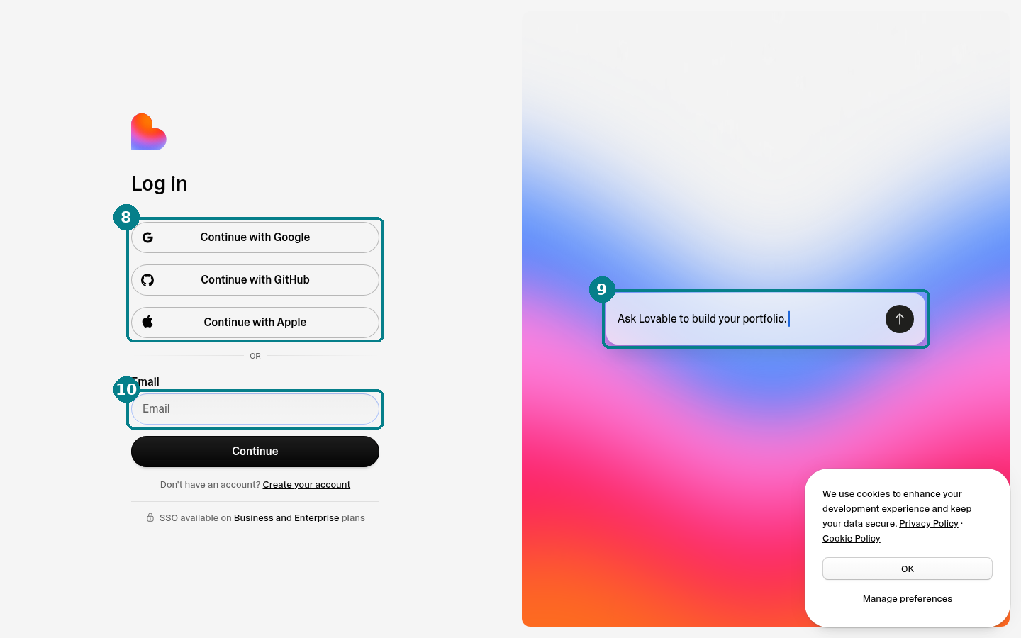 Lovable log-in page with numbered callouts 8 to 10