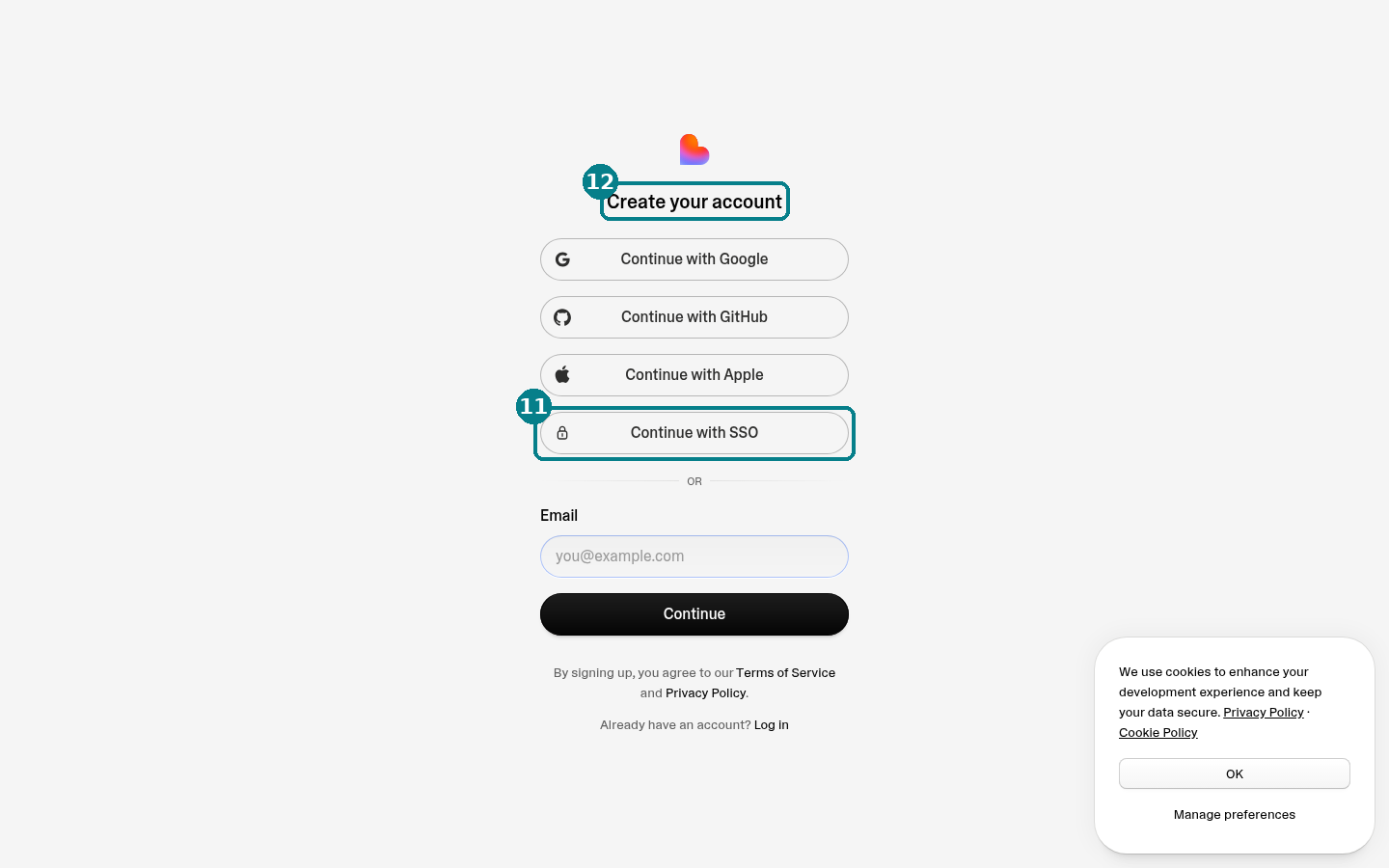 Lovable sign-up page with numbered callouts 11 and 12