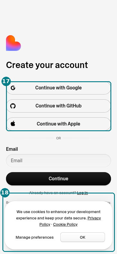 Lovable sign-up page on mobile, cookie banner covering the terms line